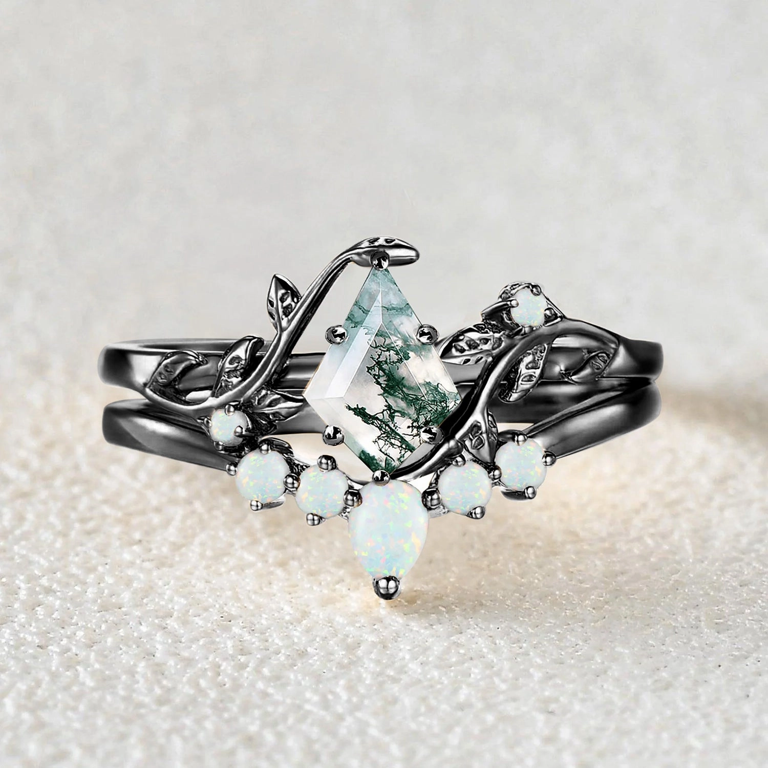 Colorful Stones Unique Kite Cut Moss Agate Leafy Bridal Ring Sets 2pcs - Willow Urban Style Delicate Finish