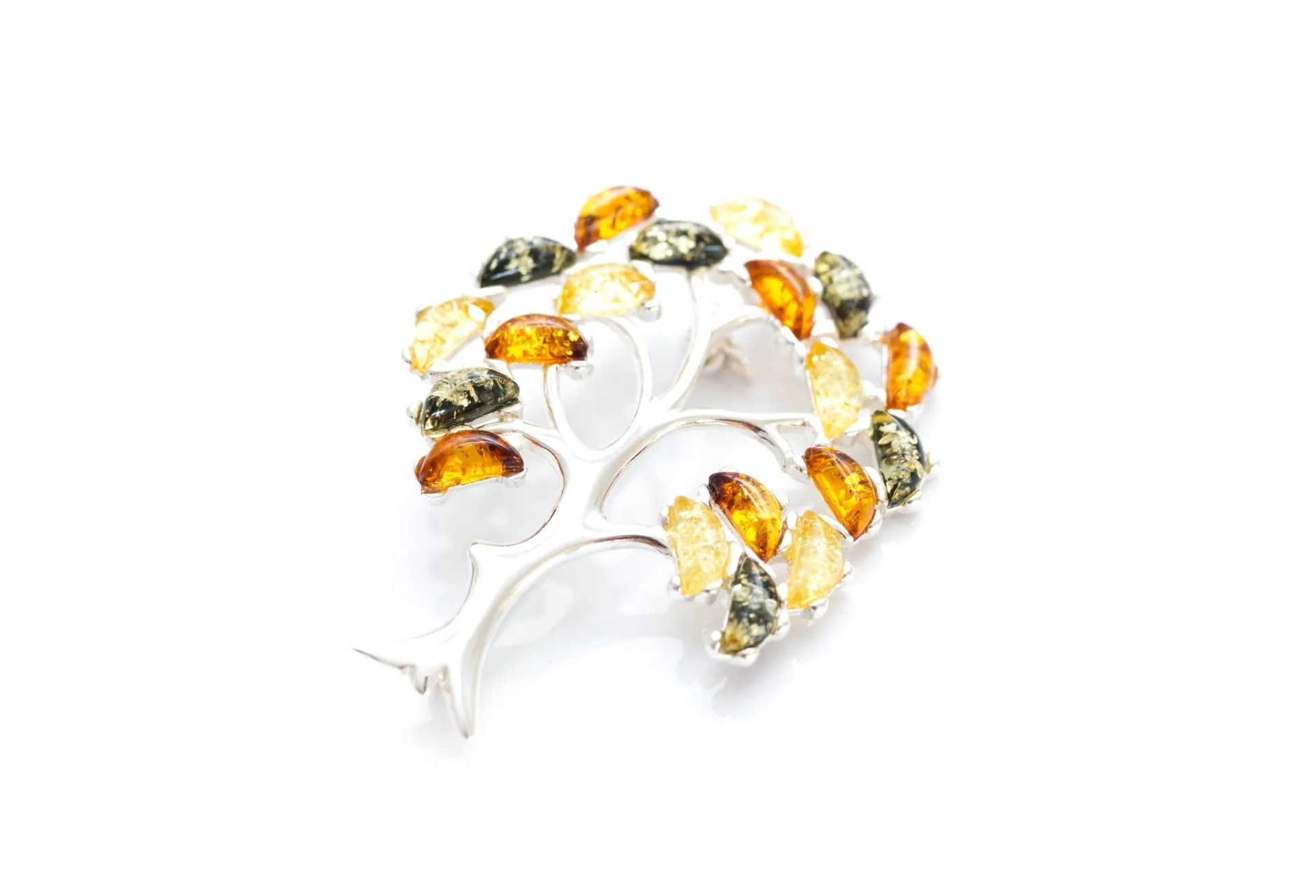 Colourful Large Amber Tree Brooch - Handcrafted Sterling Silver with Vibrant Baltic Amber Stones