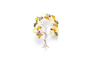 Colourful Large Amber Tree Brooch - Handcrafted Sterling Silver with Vibrant Baltic Amber Stones