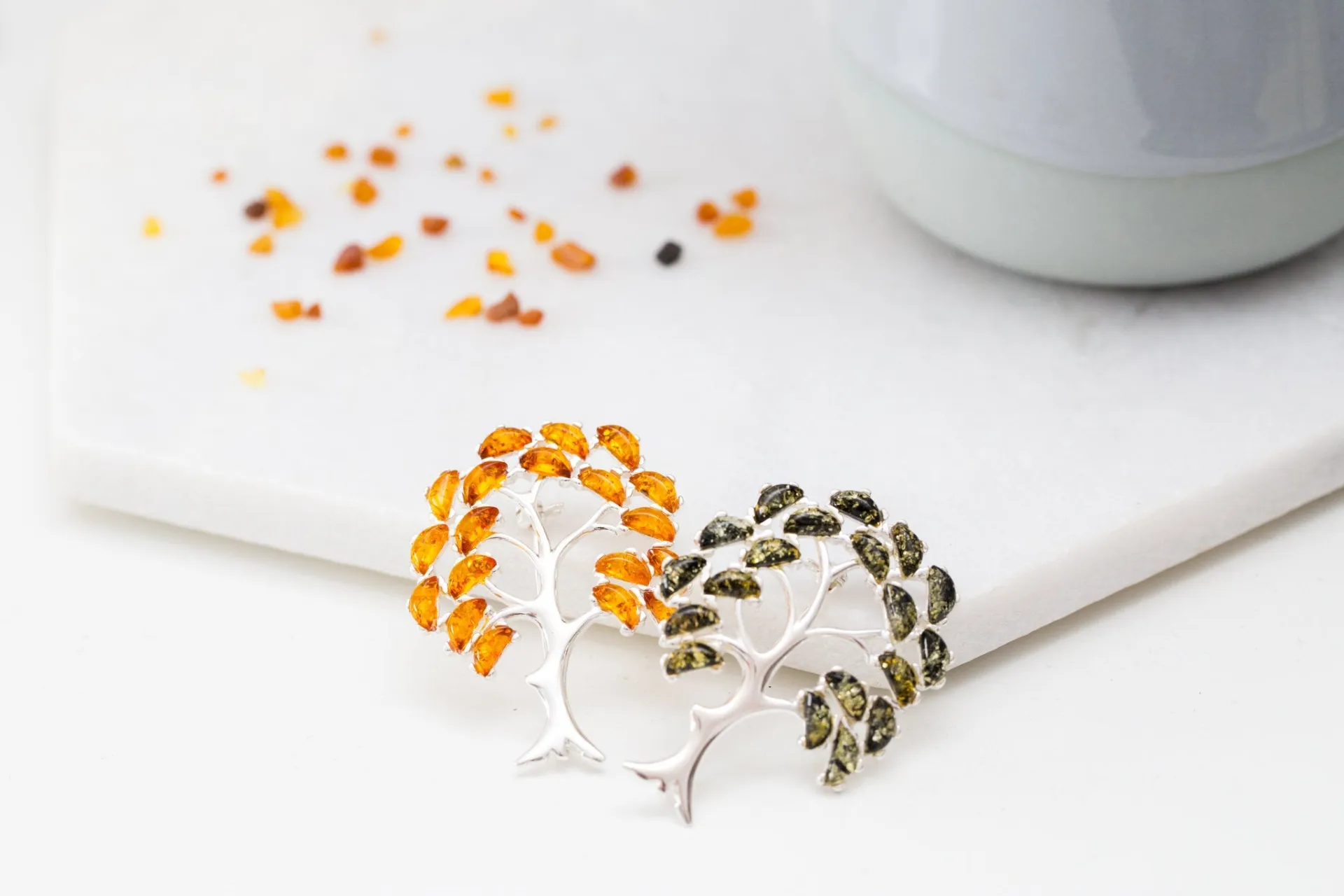 Colourful Large Amber Tree Brooch - Handcrafted Sterling Silver with Vibrant Baltic Amber Stones
