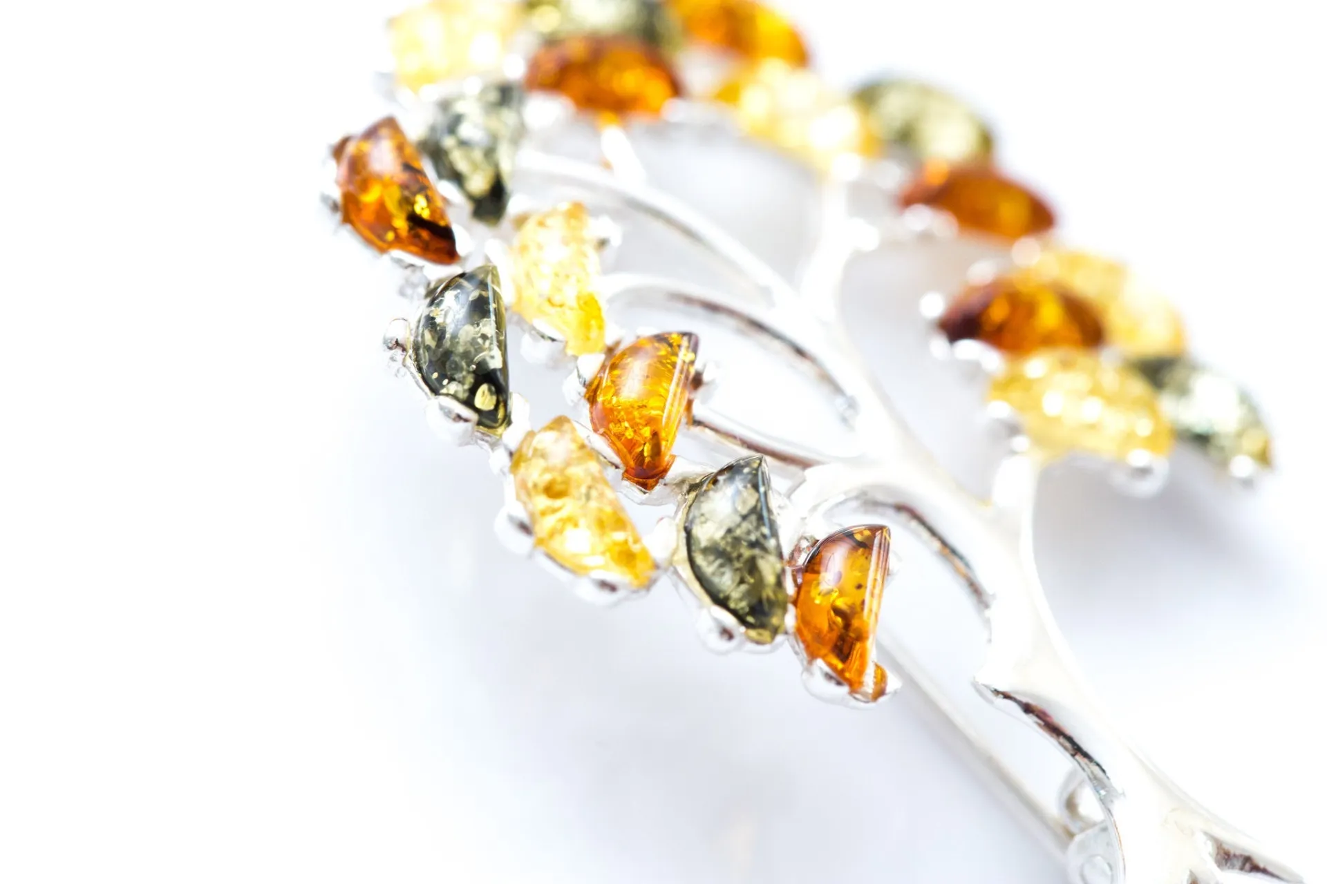 Colourful Large Amber Tree Brooch - Handcrafted Sterling Silver with Vibrant Baltic Amber Stones