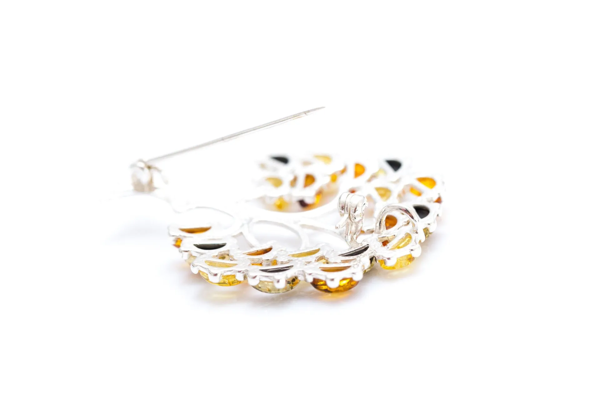 Colourful Large Amber Tree Brooch - Handcrafted Sterling Silver with Vibrant Baltic Amber Stones