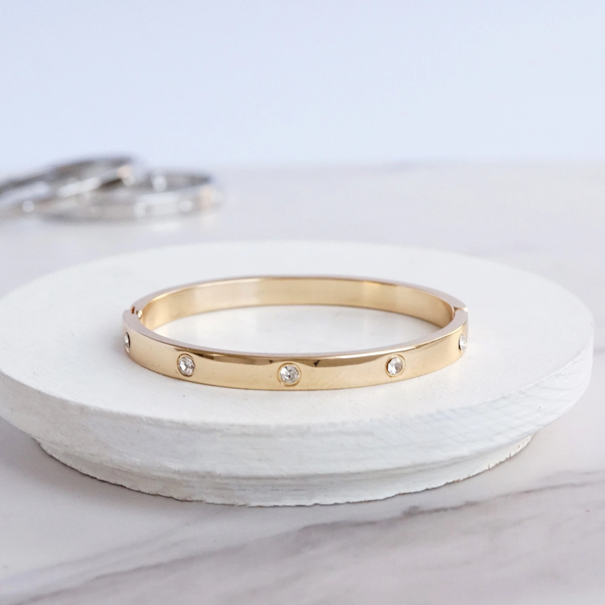 Handed Over Eternity Hinge Bangle Gold Silver Tone Clear Crystals