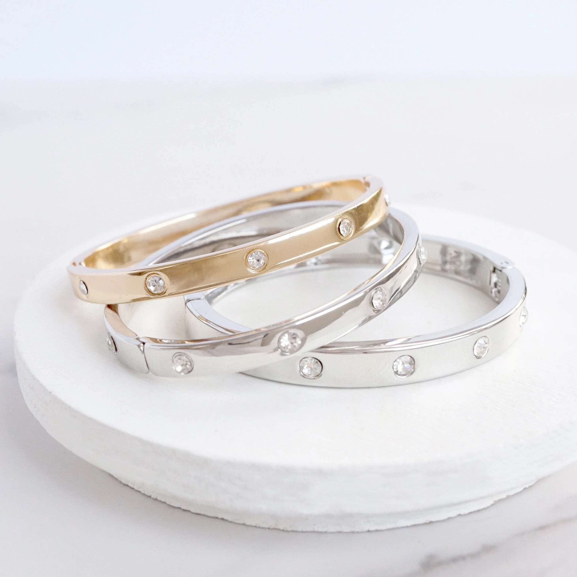 Small Batch Full Composites Eternity Hinge Bangle Gold Silver Tone Clear Crystals