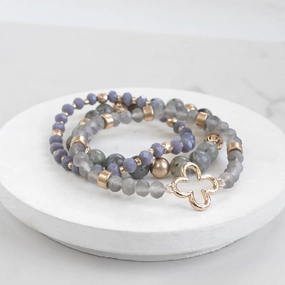 Seasonal Switch Avant-Garde Clover Beaded Bracelet Set Semi Precious Gold tone - Grey
