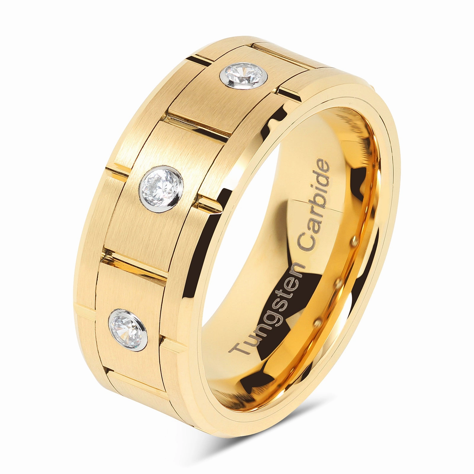 Affordable Gift Tungsten Rings for Mens Gold Wedding Bands 3 CZ Inlaid Jewerly Size 8-15
