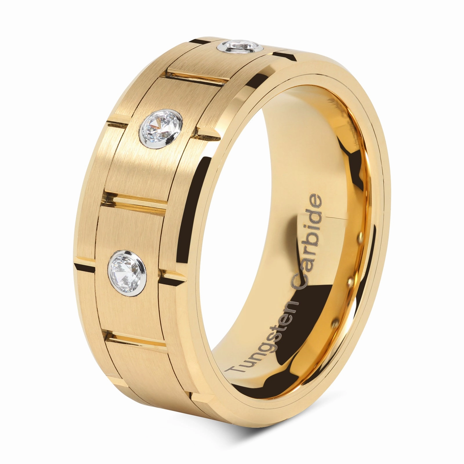 Tungsten Rings for Mens Gold Wedding Bands 3 CZ Inlaid Jewerly Size 8-15 Simple Emblem Hand Wash Only