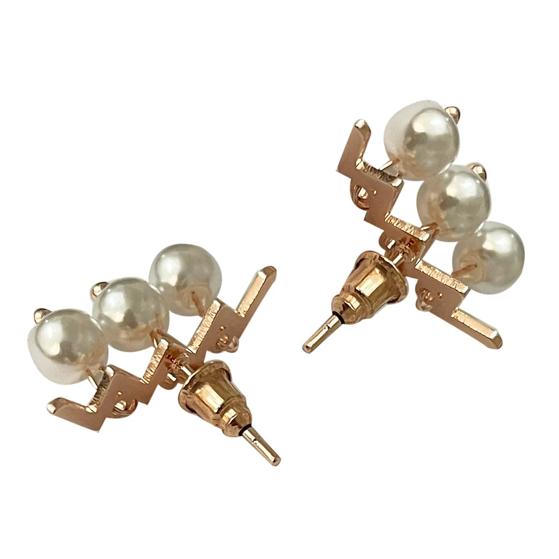 CONTEMPORARY CRISS-CROSS ROSE GOLD-TONED SHORT PEARL DROP EARRINGS