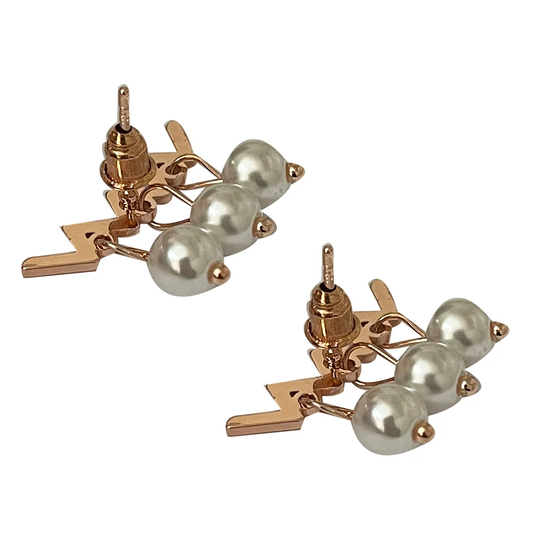 CONTEMPORARY CRISS-CROSS ROSE GOLD-TONED SHORT PEARL DROP EARRINGS