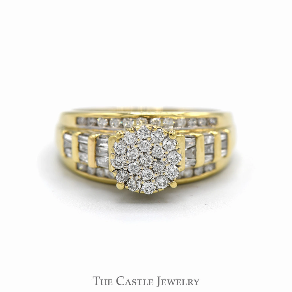 Machine made Budget Item 3/4cttw Round Diamond Cluster Ring with Baguette & Round Diamond Accented Sides in 10k Yellow Gold