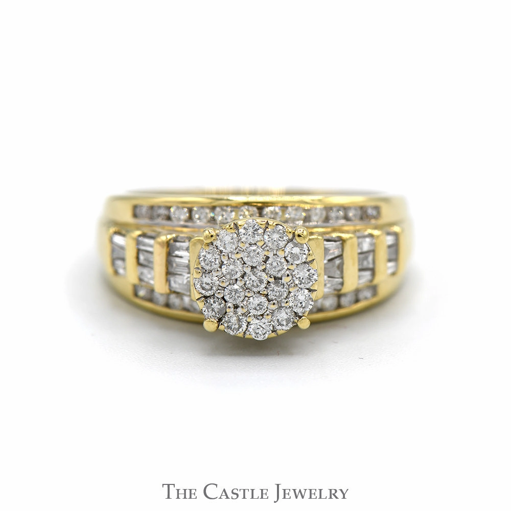 3/4cttw Round Diamond Cluster Ring with Baguette & Round Diamond Accented Sides in 10k Yellow Gold luxury item Mass produced