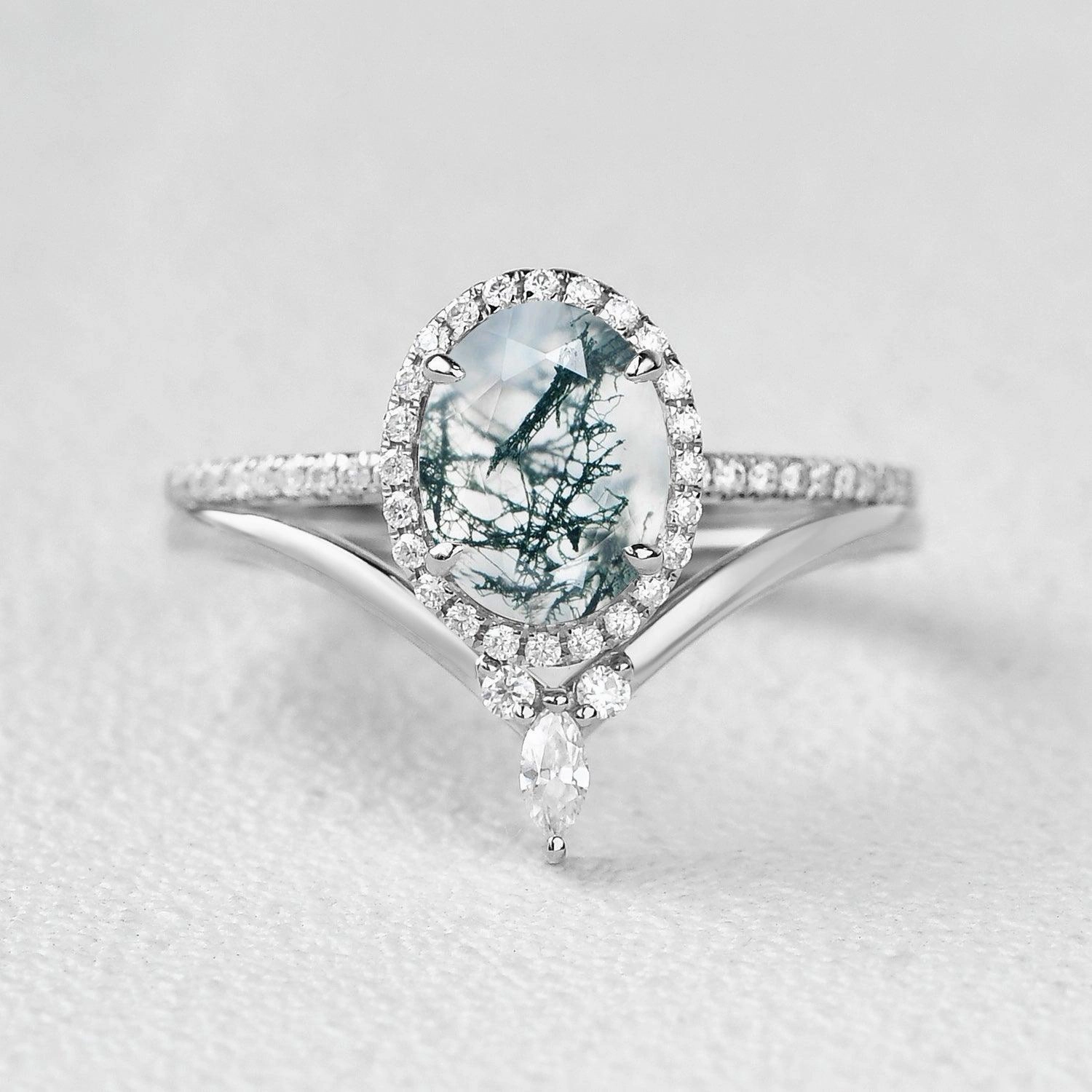 Oval Cut Moss Agate Halo Rose Gold Ring Set 2pcs Cute Accent Fashion Classic