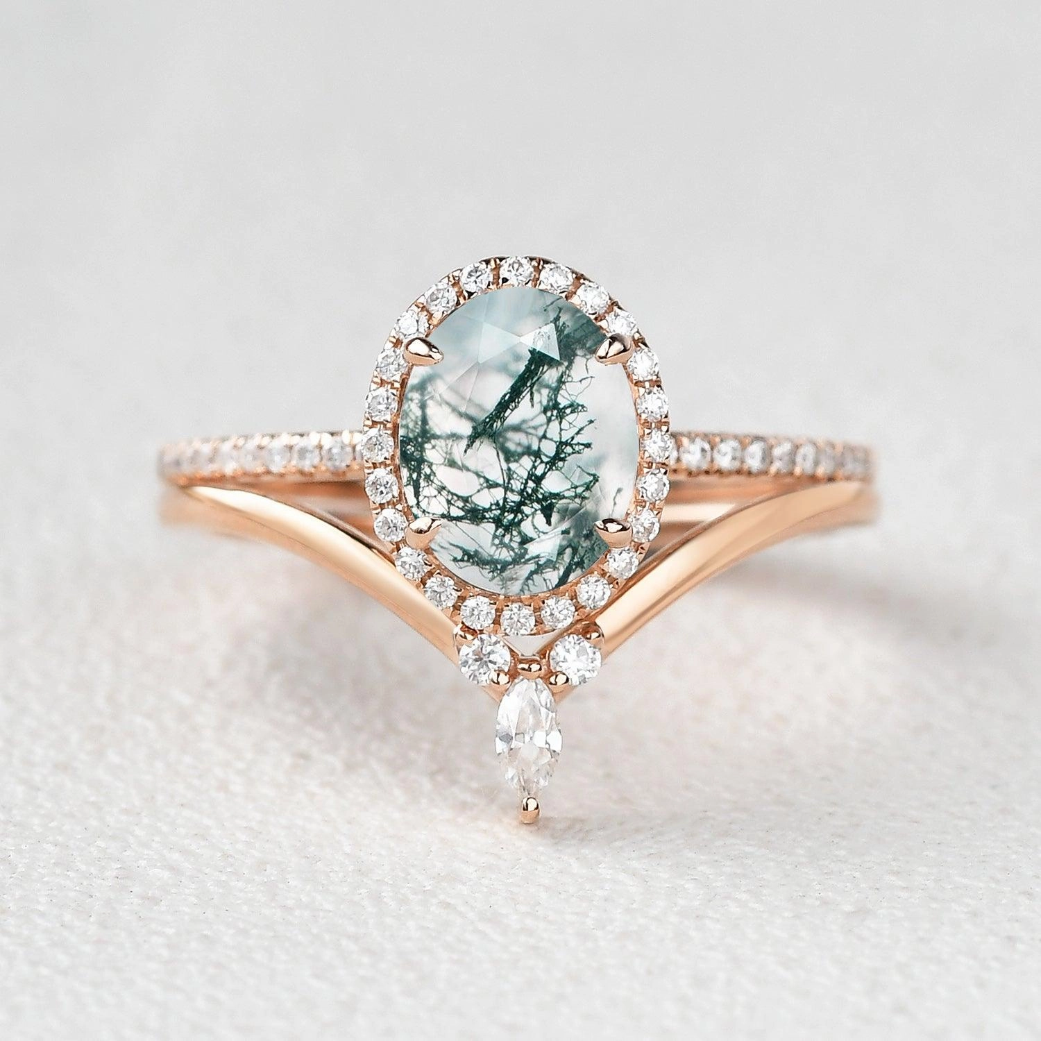 Romantic Gesture Creative Light Oval Cut Moss Agate Halo Rose Gold Ring Set 2pcs