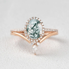 Romantic Gesture Creative Light Oval Cut Moss Agate Halo Rose Gold Ring Set 2pcs
