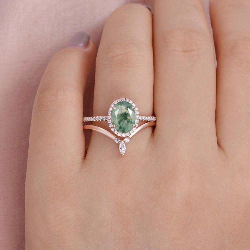 Morning Light Oval Cut Moss Agate Halo Rose Gold Ring Set 2pcs