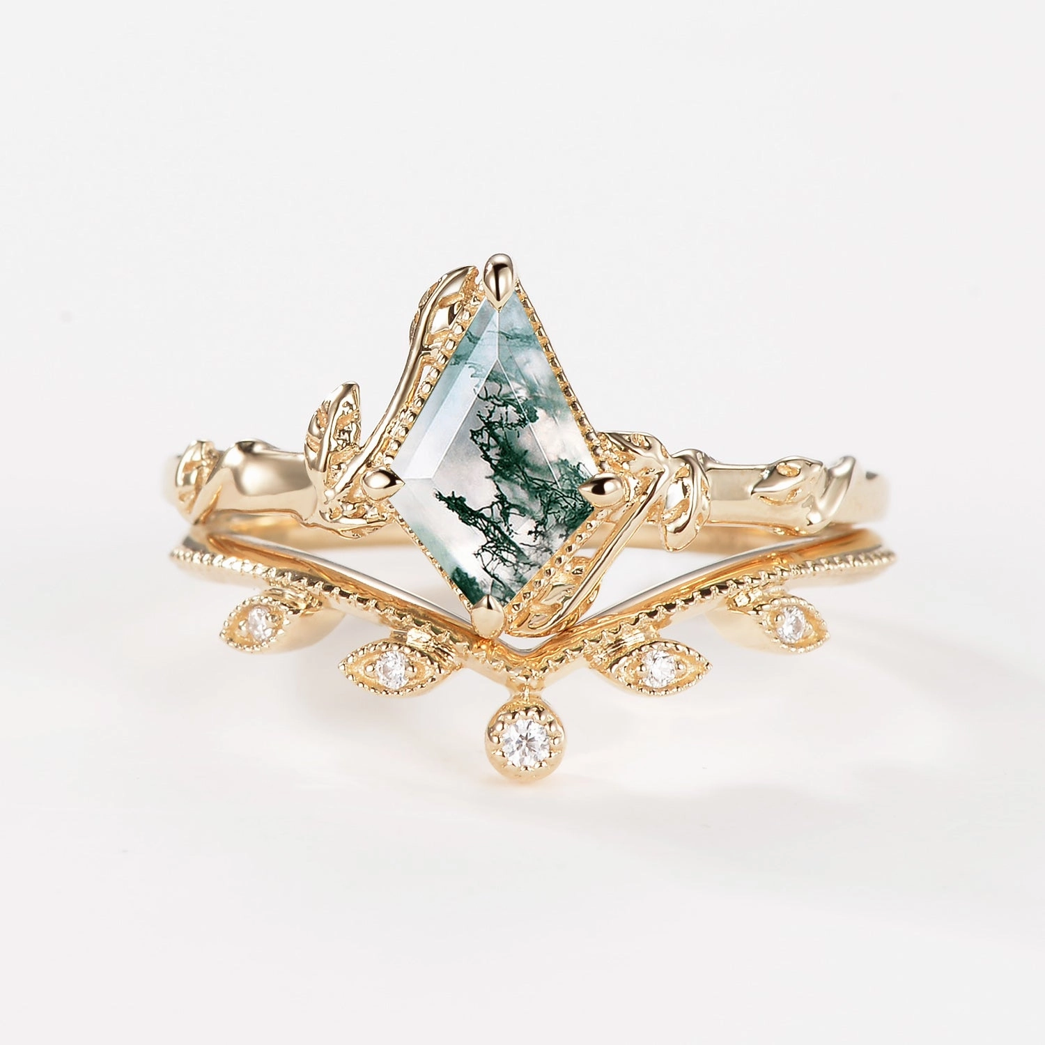 Kite Cut Moss Agate Natural Leafy Engagement Ring Sets 2pcs - Jade Artistic Touch