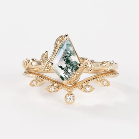 Kite Cut Moss Agate Natural Leafy Engagement Ring Sets 2pcs - Jade Artistic Touch