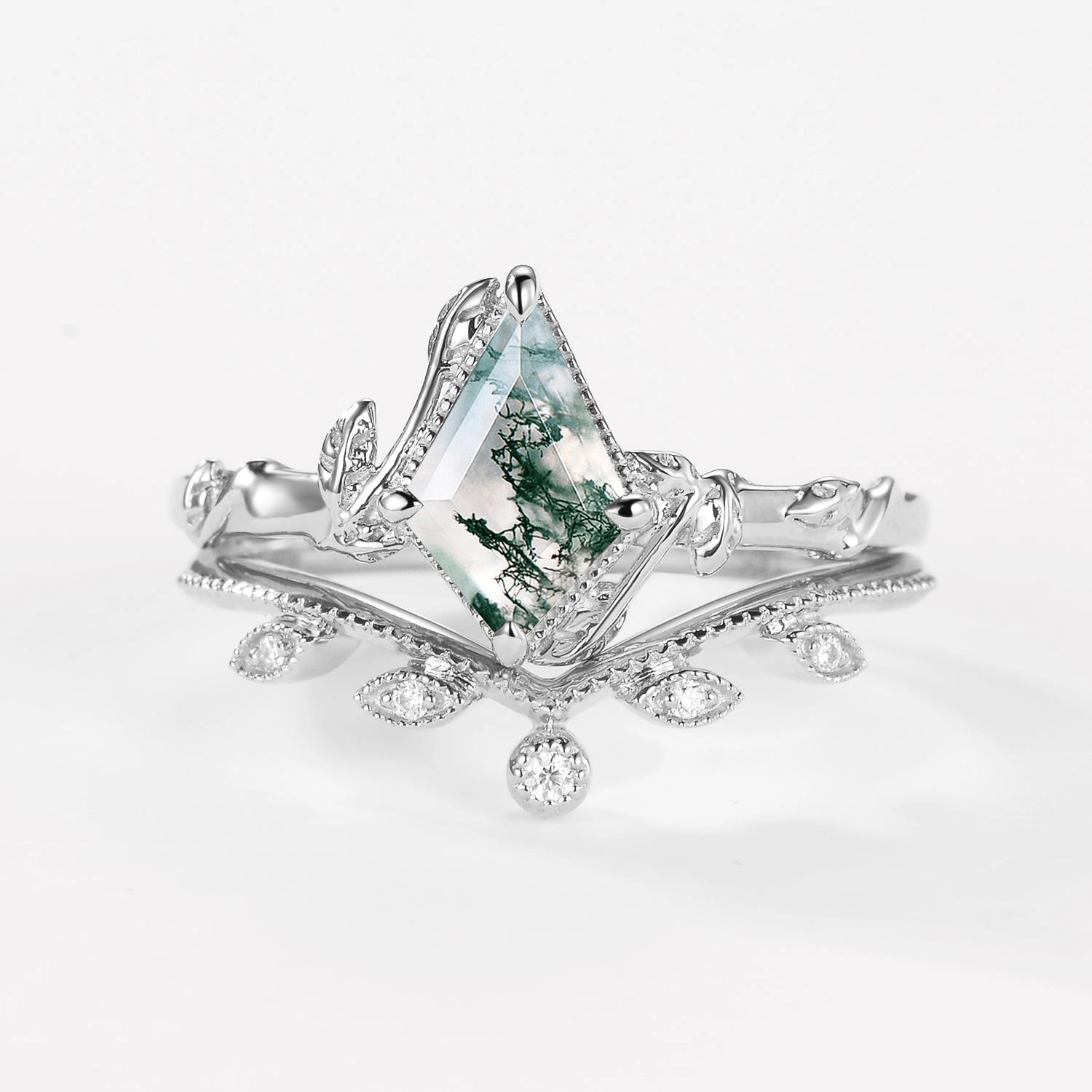 Kite Cut Moss Agate Natural Leafy Engagement Ring Sets 2pcs - Jade Gleaming Detail