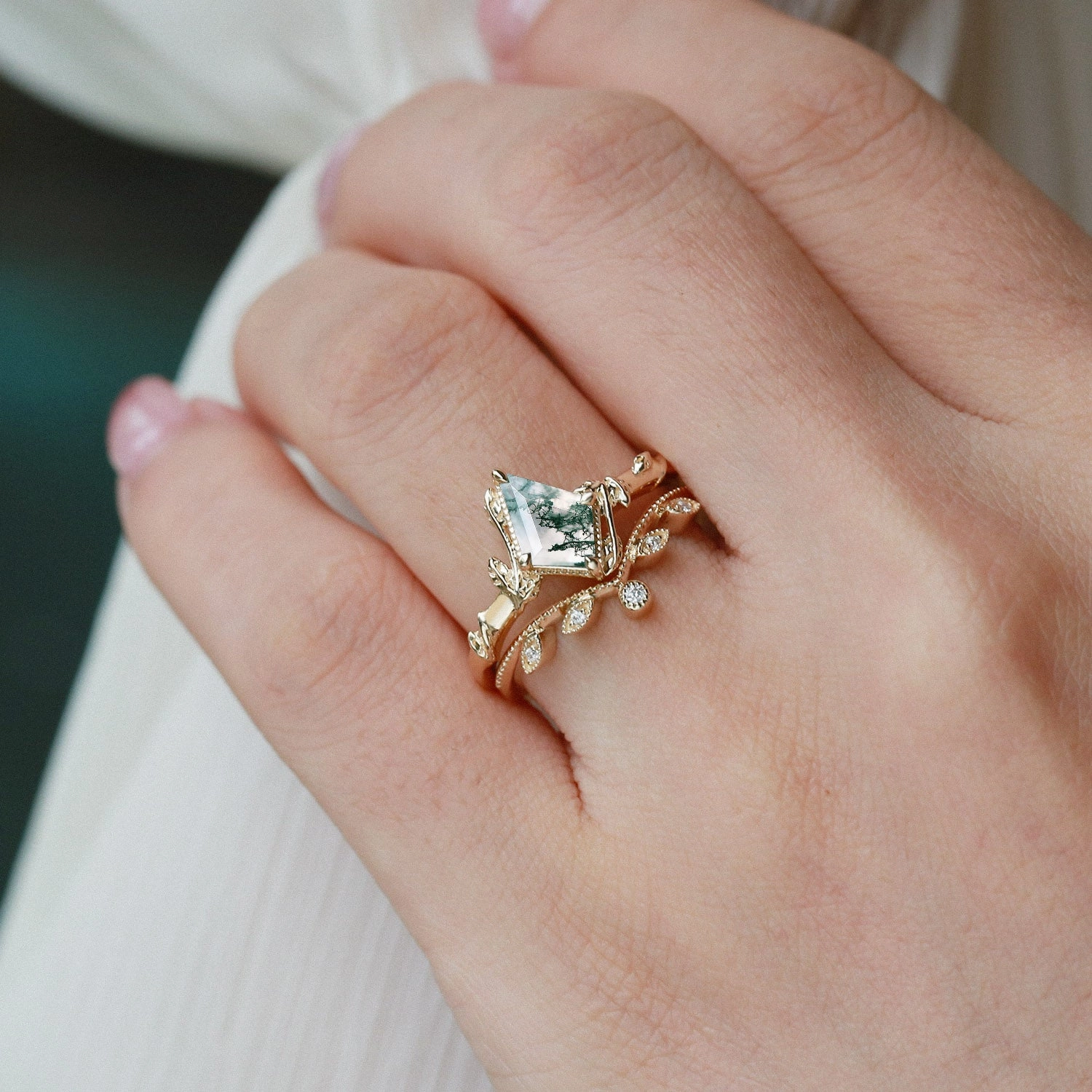 Finest Craft Kite Cut Moss Agate Natural Leafy Engagement Ring Sets 2pcs - Jade