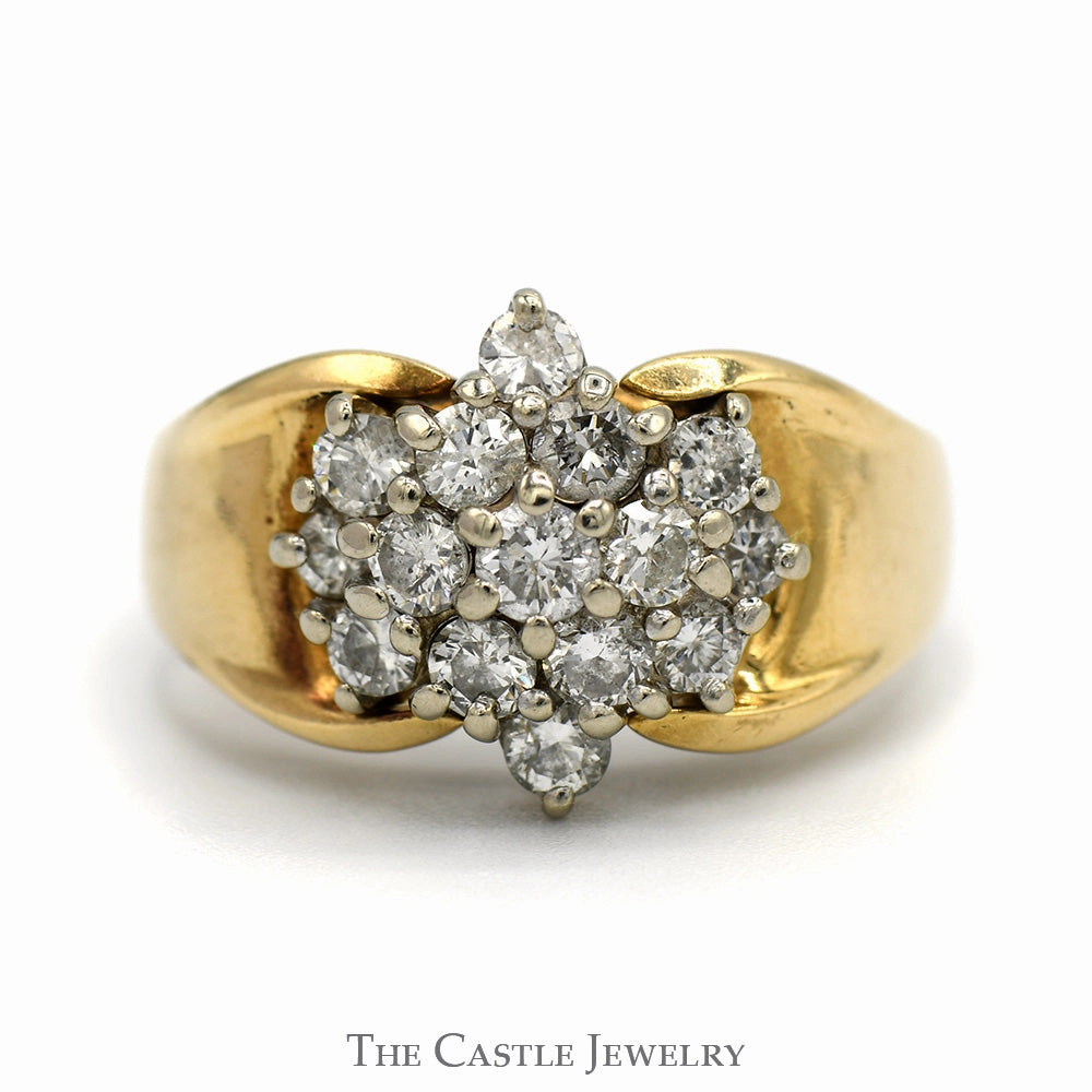 1cttw Diamond Star Cluster Ring with Polished Sides in 14k Yellow Gold Coordinated Group Ornate Adornment