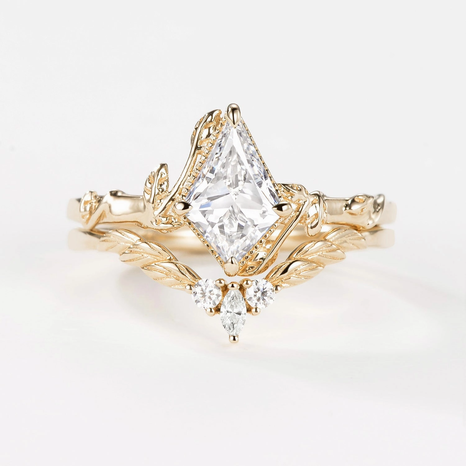 Lab Grown Diamond Leafy Inspired Engagement Ring Sets 2pcs Chic Contour