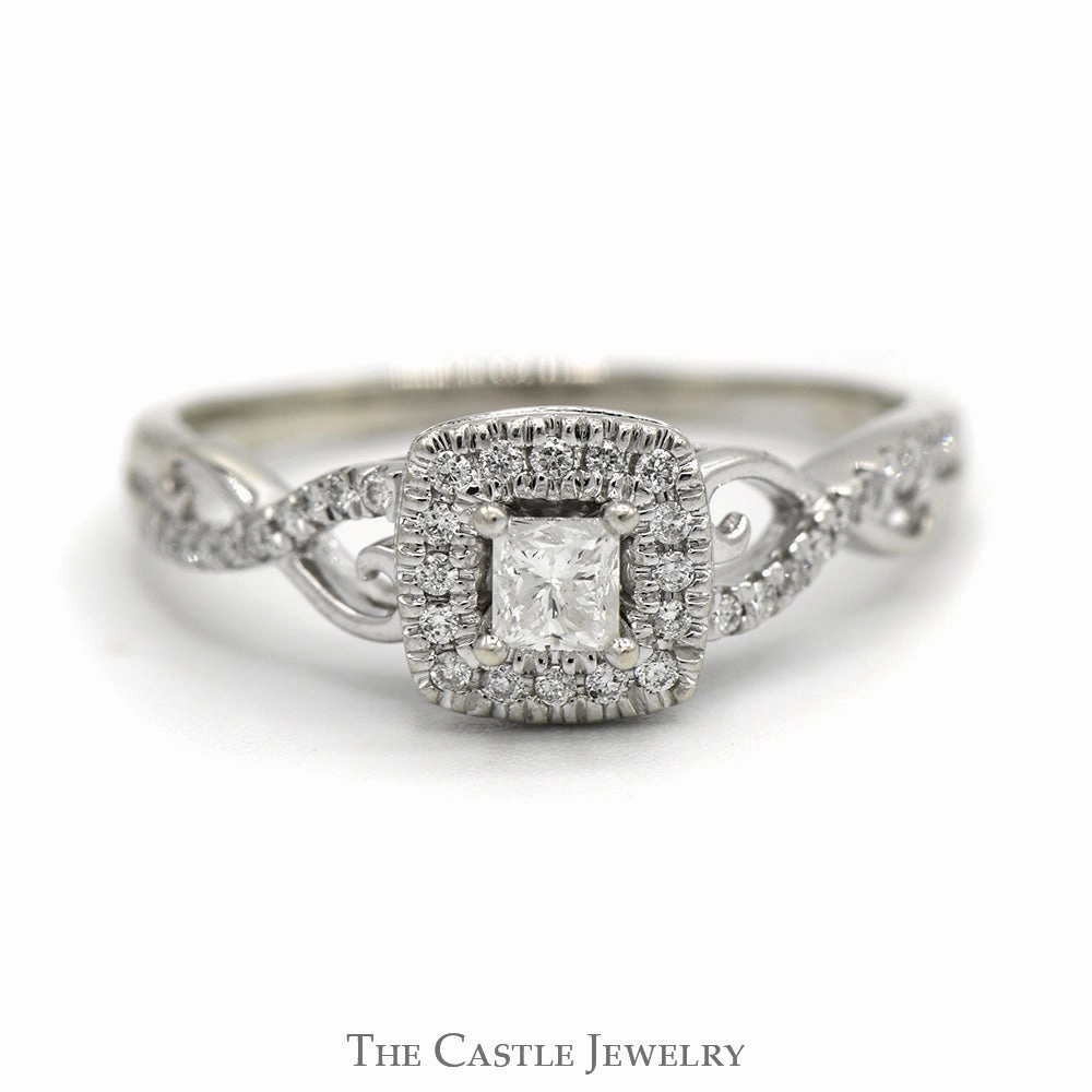 Strong Jewelry Holiday Present Princess Cut Diamond Engagement Ring with Diamond Halo and Diamond Accented Twisted Sides in 10k White Gold