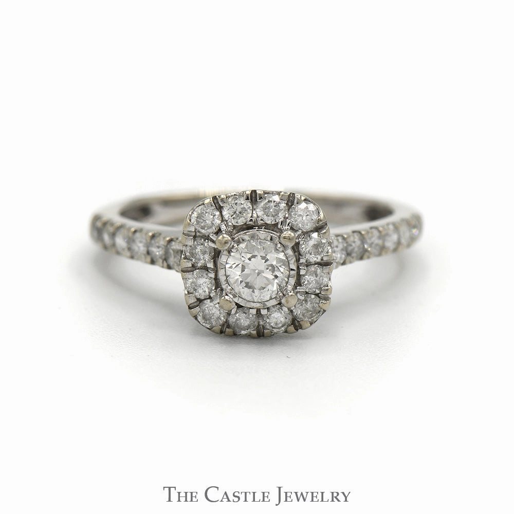 Illusion Set Diamond Engagement Ring with Diamond Halo and Accented Sides in 10k White Gold Day To Night Luxury Accessory