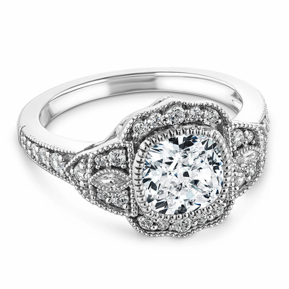 Luxury Memento Modern Adornment Kalina Cushion Lab Grown Diamond Vintage Side Stone Engagement Ring