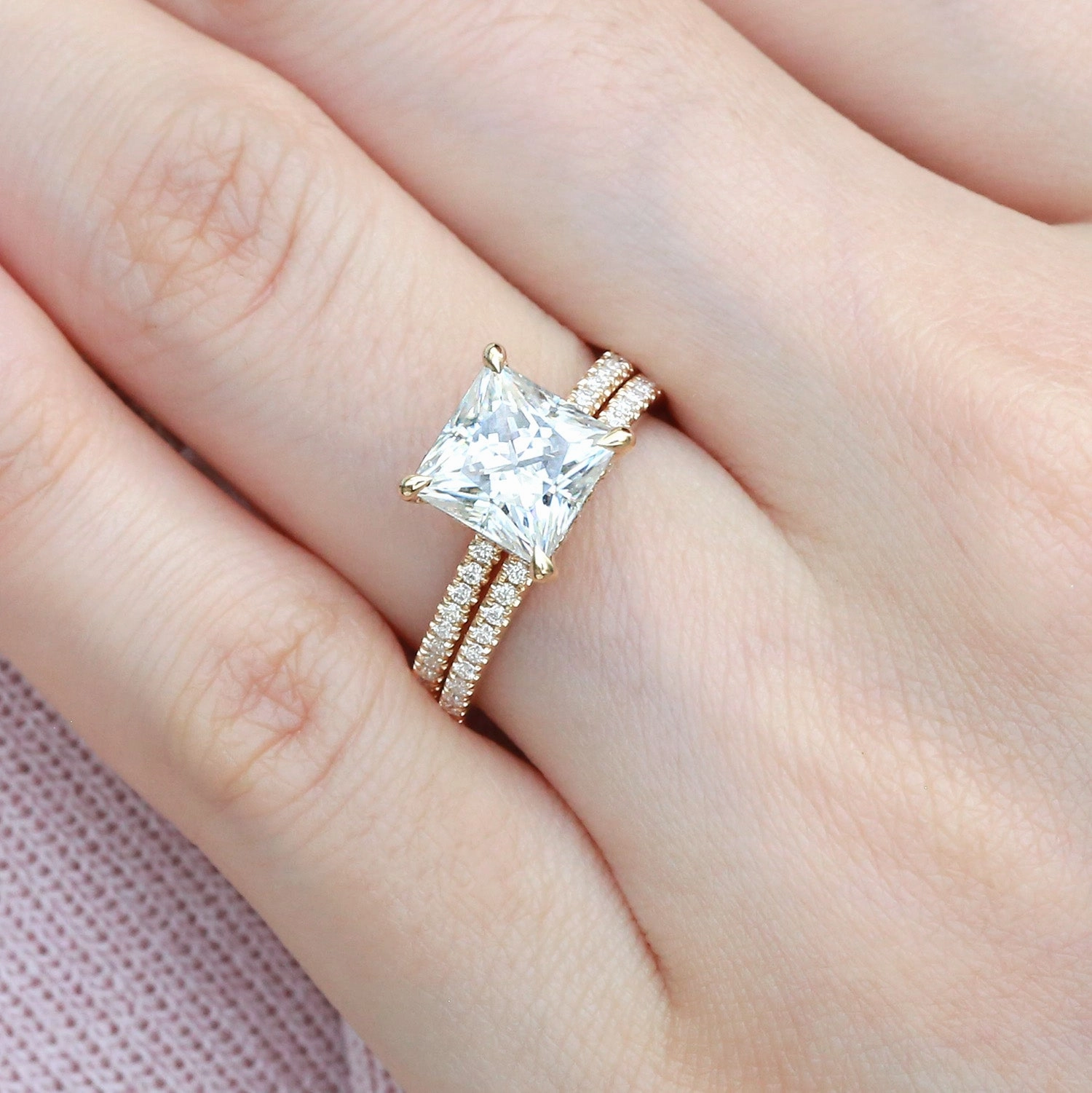 Princess Cut Moissanite Engagement Ring Set 2pcs - Belle Shimmer Detail Vogue Touch