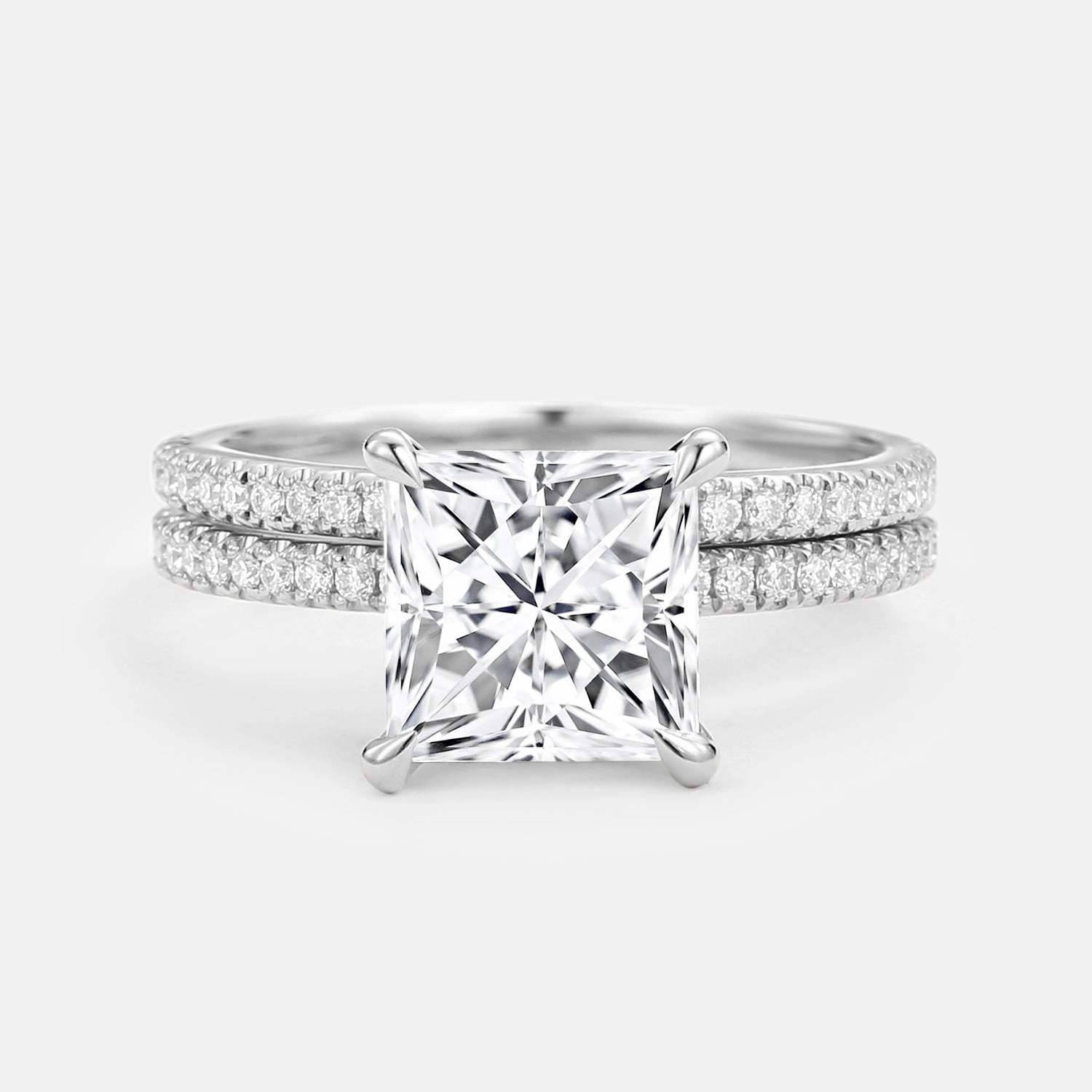 Handcrafted Touch Soft Lighting Princess Cut Moissanite Engagement Ring Set 2pcs - Belle