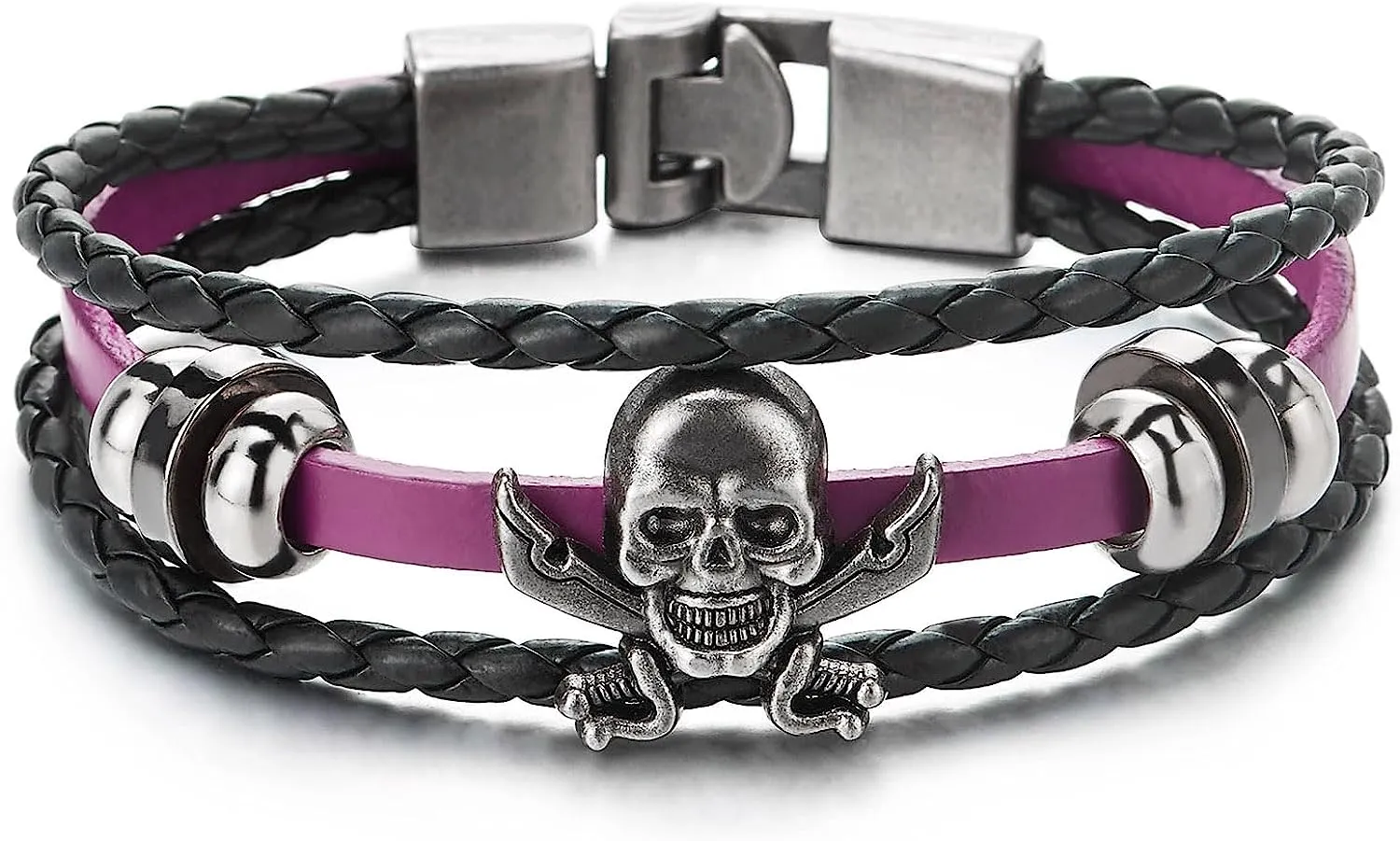 COOLSTEELANDBEYOND Black Purple Braided Leather Bracelet Sword Pirate Skull Mens Women Multi-Strand Leather Wristband