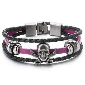 COOLSTEELANDBEYOND Black Purple Braided Leather Bracelet Sword Pirate Skull Mens Women Multi-Strand Leather Wristband