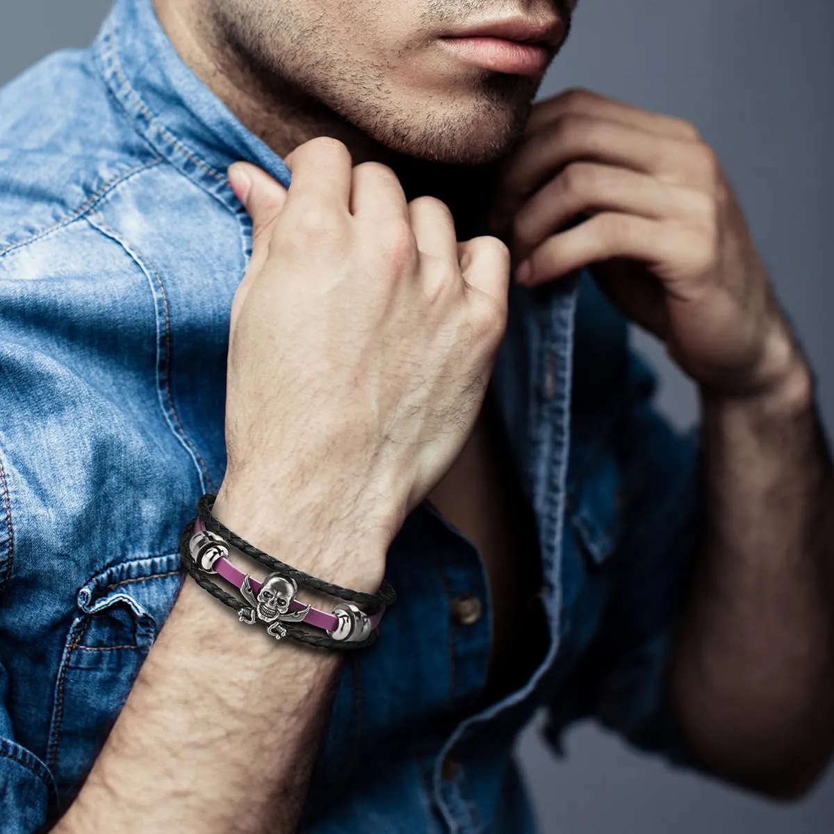 COOLSTEELANDBEYOND Black Purple Braided Leather Bracelet Sword Pirate Skull Mens Women Multi-Strand Leather Wristband