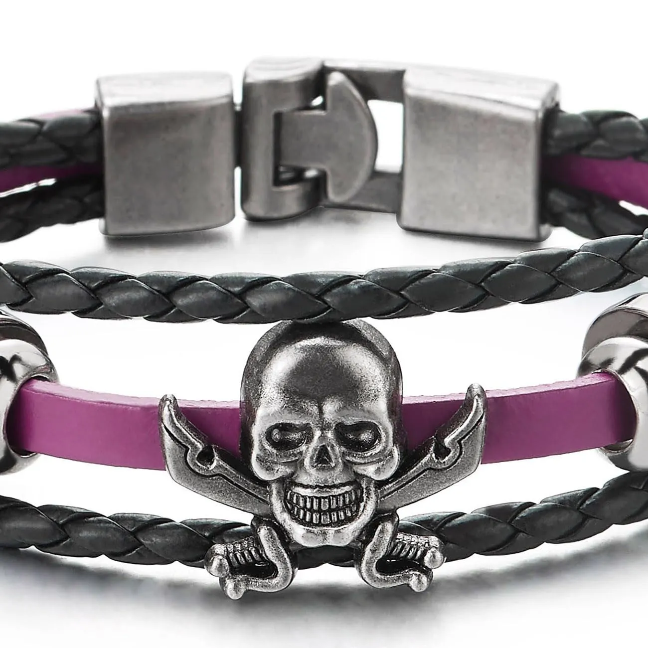 COOLSTEELANDBEYOND Black Purple Braided Leather Bracelet Sword Pirate Skull Mens Women Multi-Strand Leather Wristband