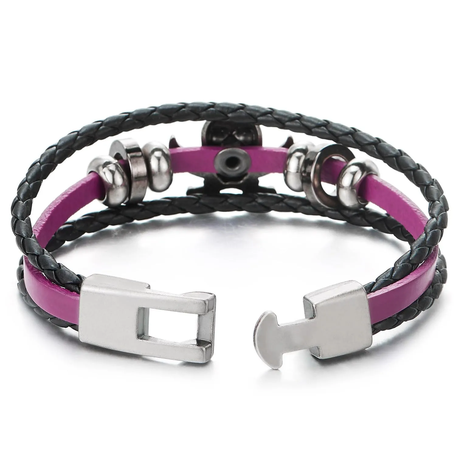 COOLSTEELANDBEYOND Black Purple Braided Leather Bracelet Sword Pirate Skull Mens Women Multi-Strand Leather Wristband