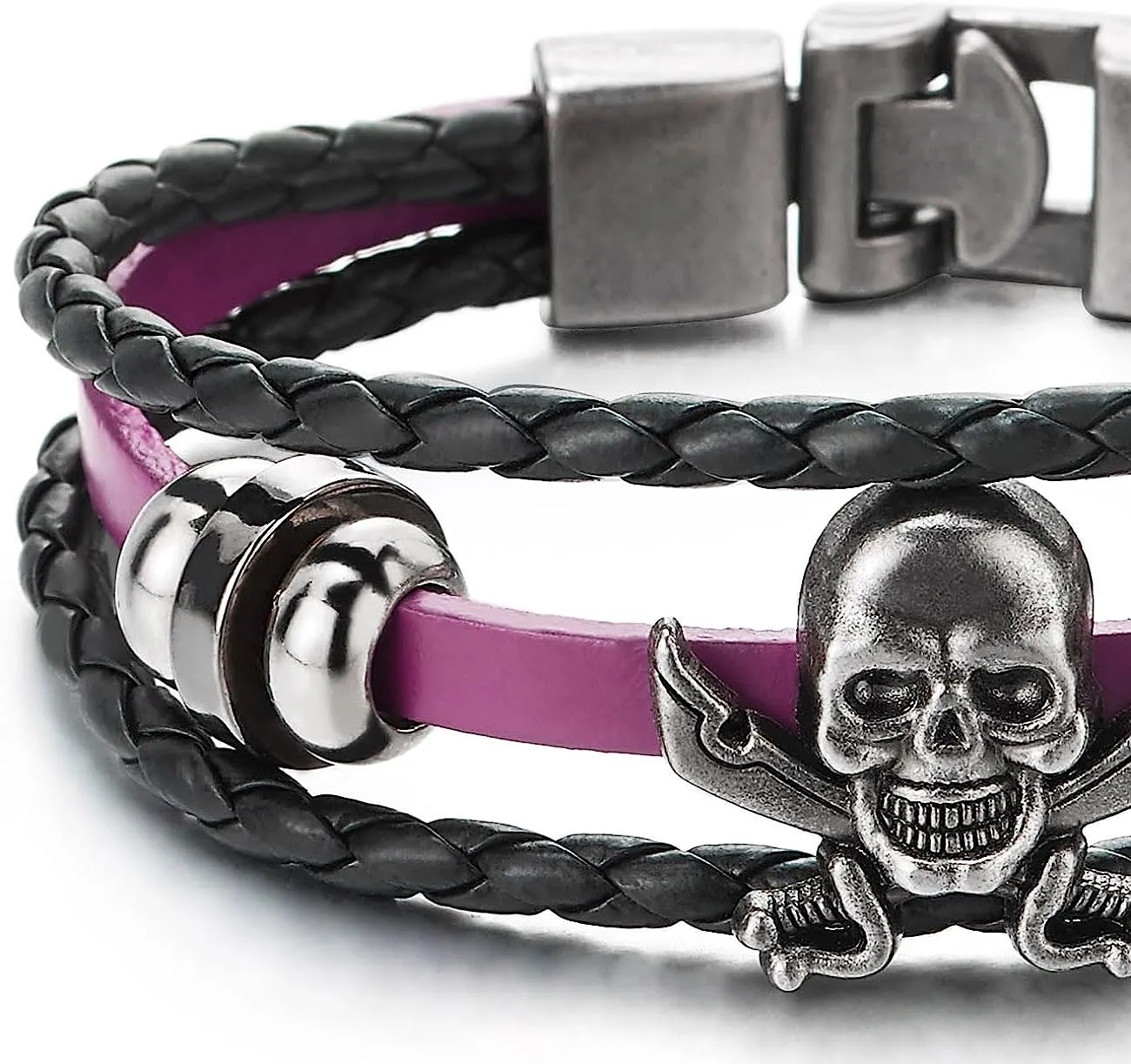 COOLSTEELANDBEYOND Black Purple Braided Leather Bracelet Sword Pirate Skull Mens Women Multi-Strand Leather Wristband