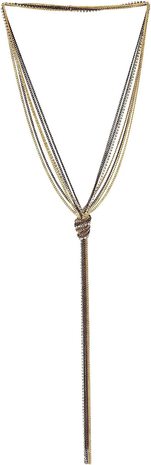 COOLSTEELANDBEYOND Lariat Necklace, Multi-strand Y-chain Tassel Pendant Long Chains with Rhinestones, Gold and Grey