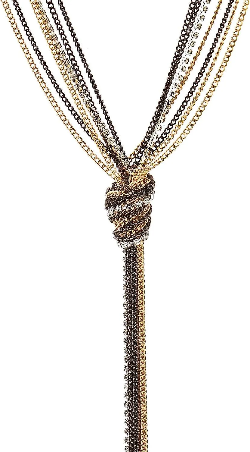 COOLSTEELANDBEYOND Lariat Necklace, Multi-strand Y-chain Tassel Pendant Long Chains with Rhinestones, Gold and Grey