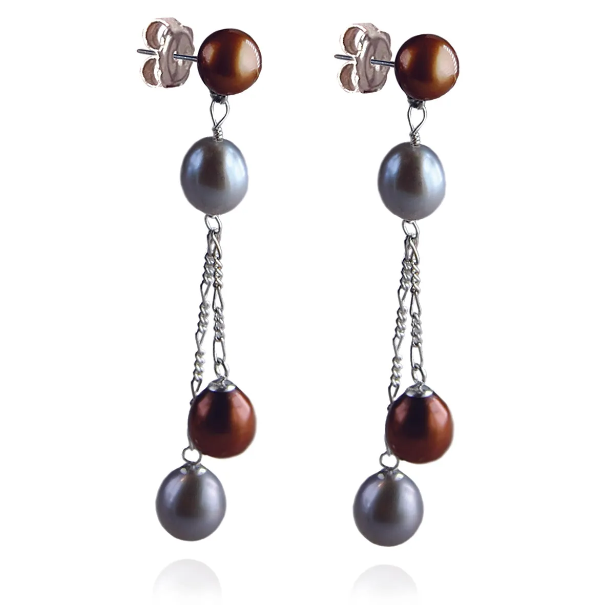Copper & Grey Freshwater Pearl Long Double Drop Earrings