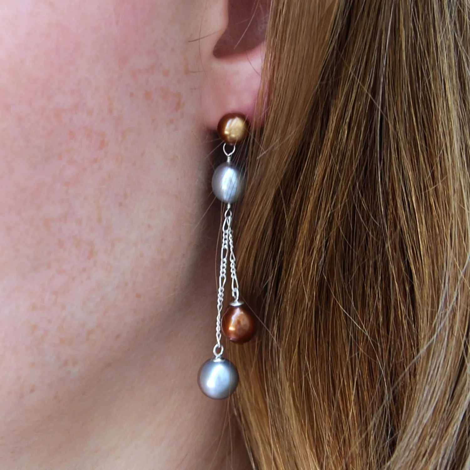 Copper & Grey Freshwater Pearl Long Double Drop Earrings