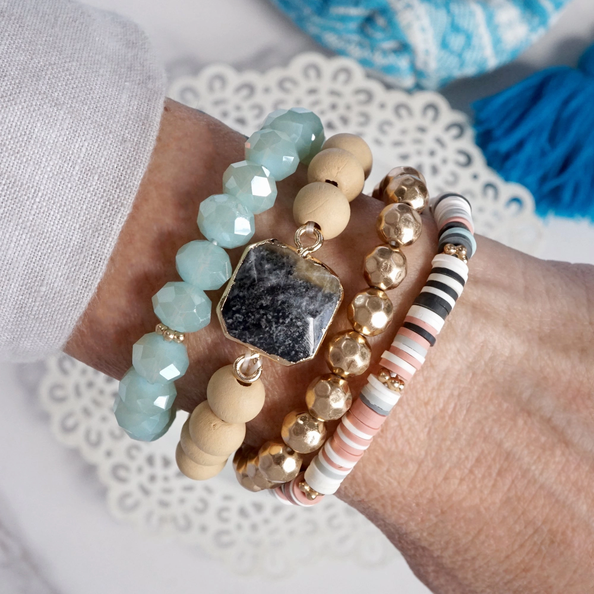 Celebrity Style Easy Purchase Boho Beaded Bracelets Set Semi Precious Center Stone Wood Glass Clay Beads Aqua Blue Gray andandGold tone
