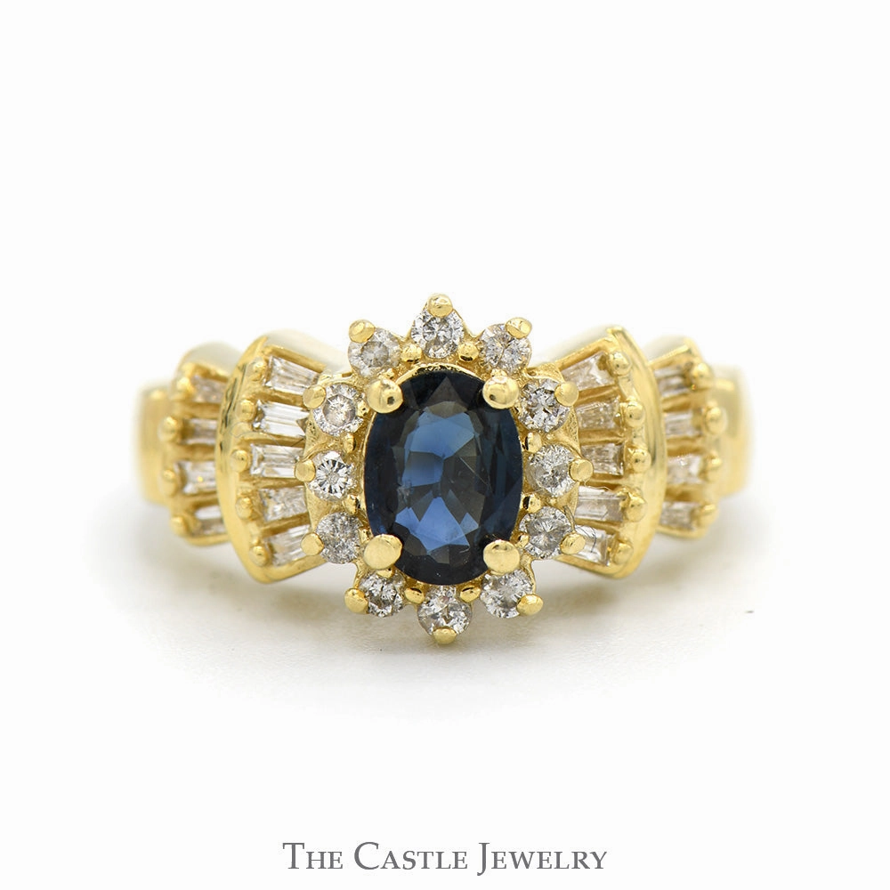 Oval Cut Sapphire Solitaire with Diamond Halo & Baguette Cut Accented Sides in 14k Yellow Gold Balanced Contour Glow Effect