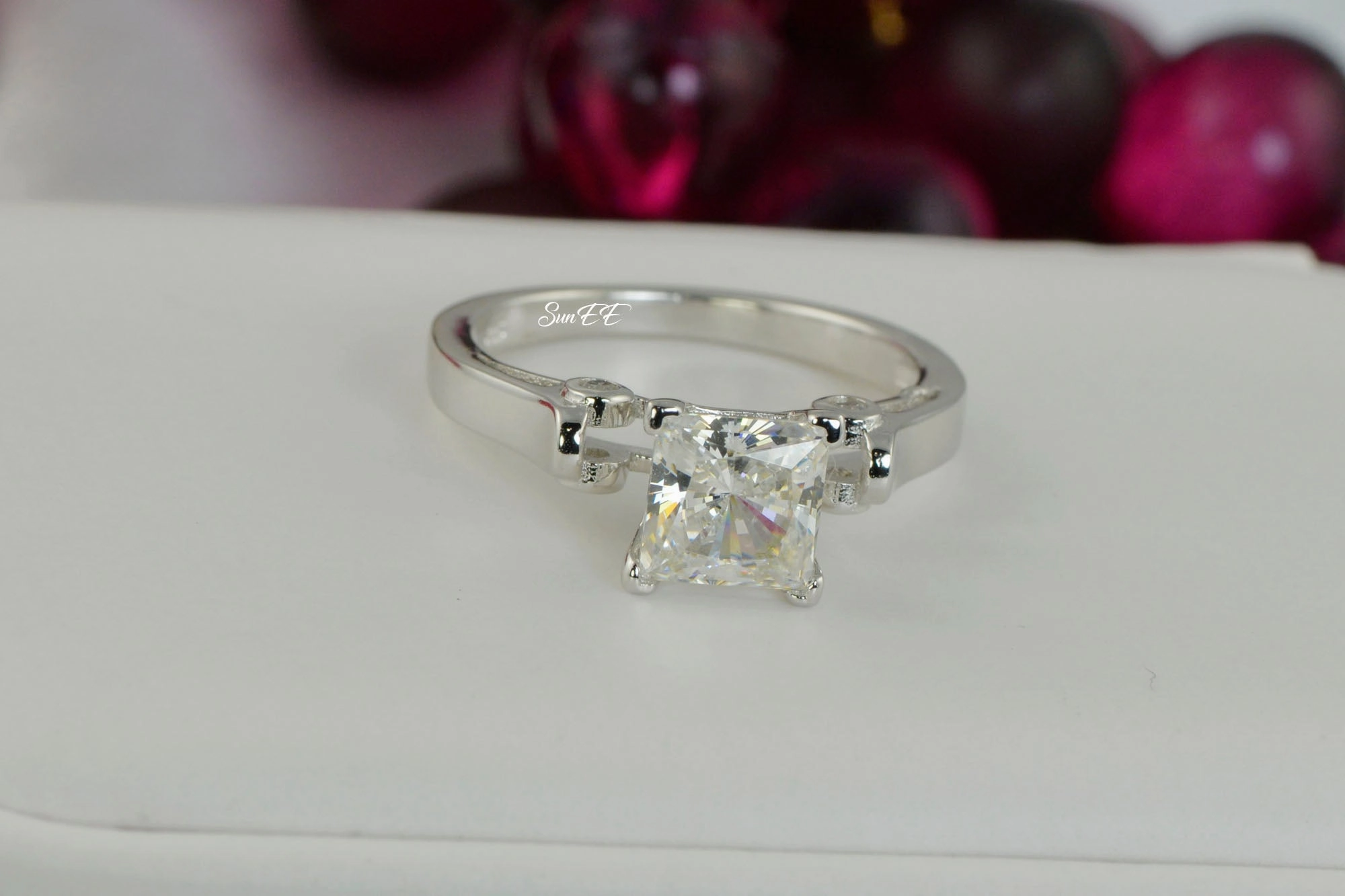 Luxury Trinket Vibrant Accent 2.7ct Princess Cut Bridal Wedding Engagement Ring Diamond Simulated 925 Sterling Silver Anniversary Rings SKU:00169