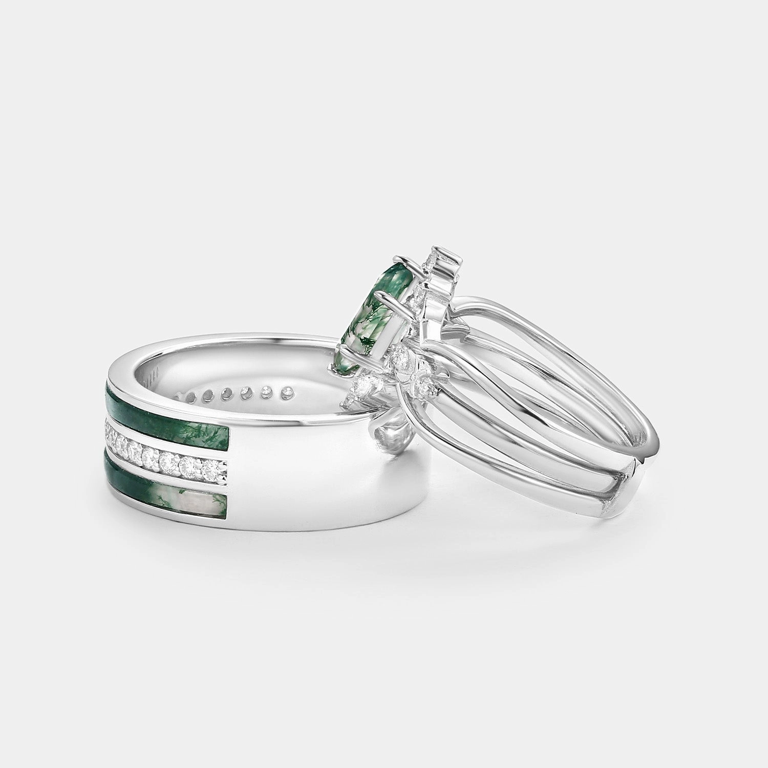 Charming Piece Vintage Long Hexagon Moss Agate Moissanite Cage Couple Ring Set 3pcs