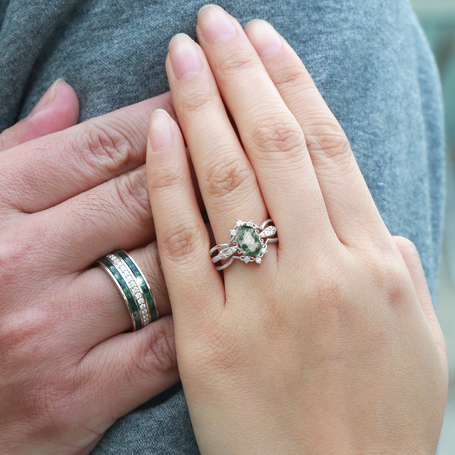 Vintage Long Hexagon Moss Agate Moissanite Cage Couple Ring Set 3pcs Day Accent Minimal Appeal