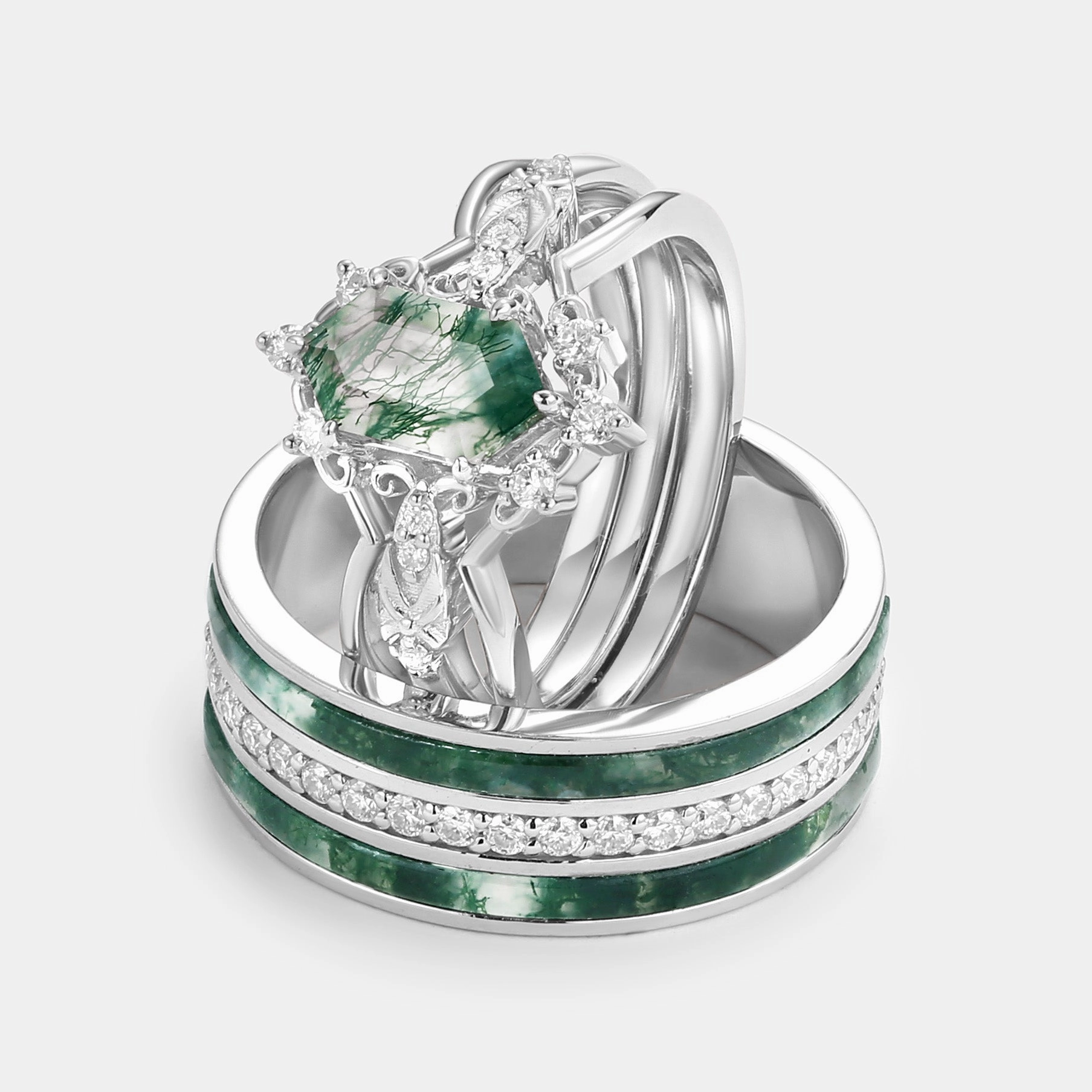 Vintage Long Hexagon Moss Agate Moissanite Cage Couple Ring Set 3pcs Classic Jewelry Design Distinctive Touch Pieces