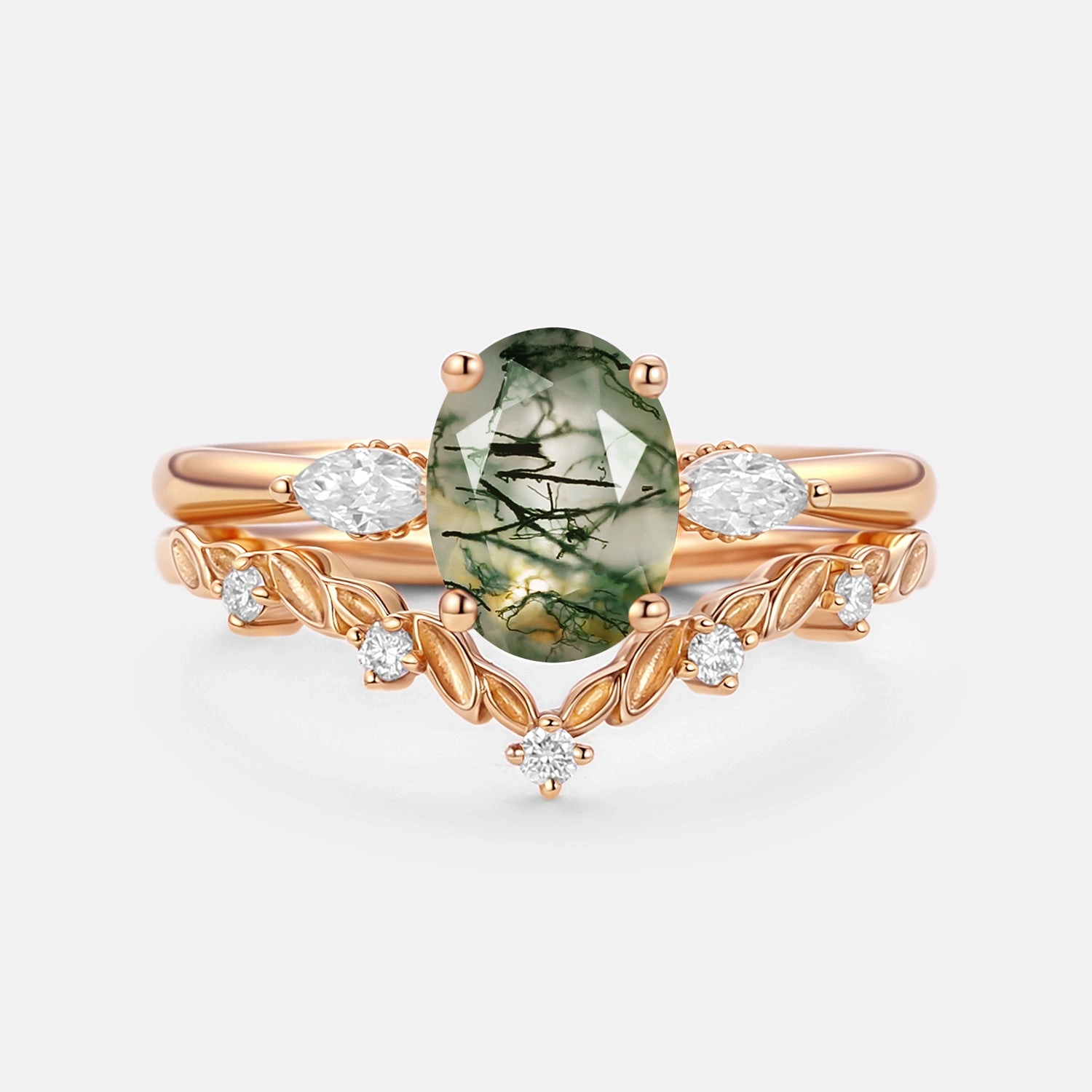 Oval Cut Moss Agate Vine Engagement Ring Set 2pcs - Soleil Lustrous Highlight Artisan Made