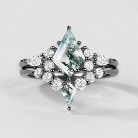 Unique Edge Twin Flames - Black Gold Kite Cut Unique Moss Agate Ring Sets 2pcs