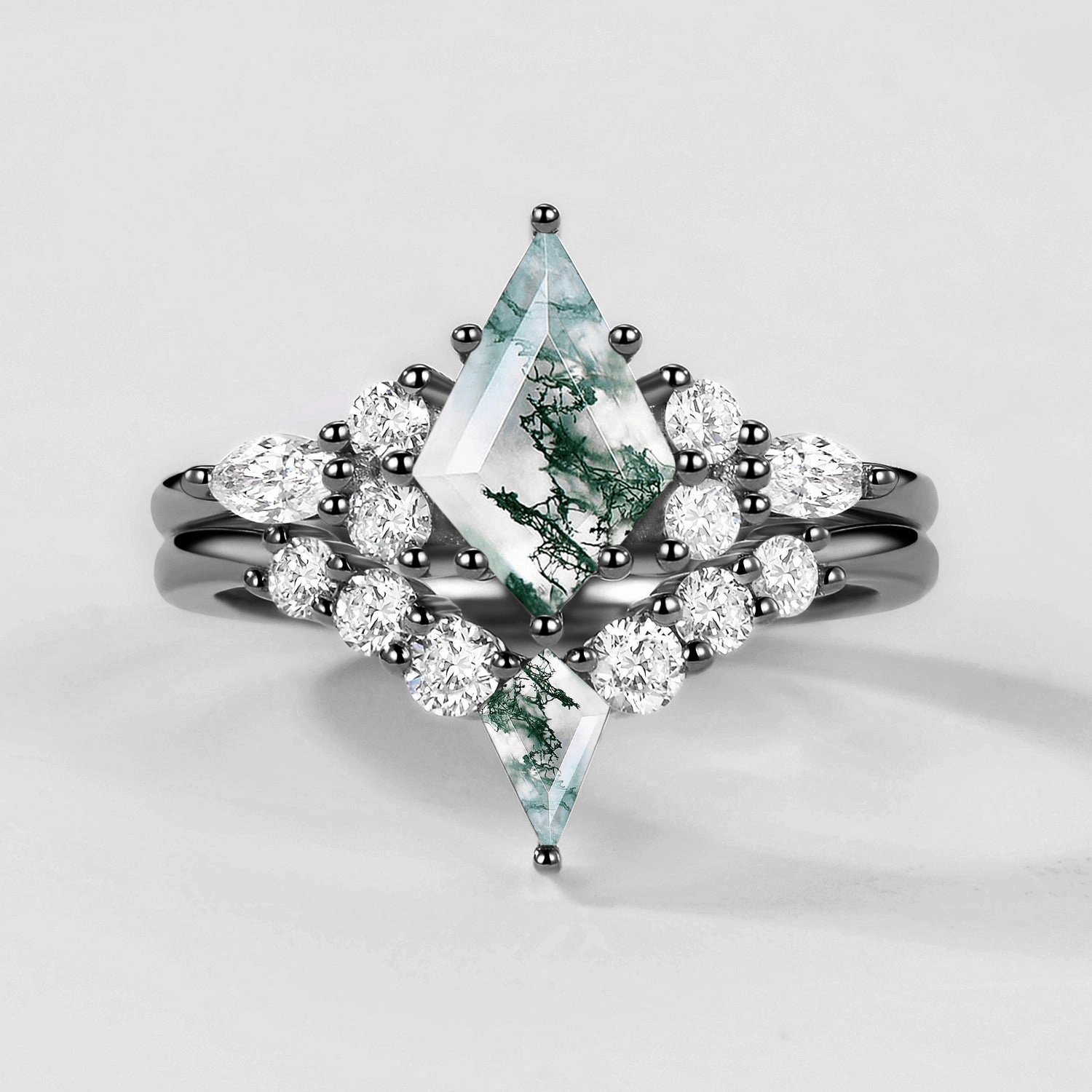 Luxury Aura Twin Flames - Black Gold Kite Cut Unique Moss Agate Ring Sets 2pcs