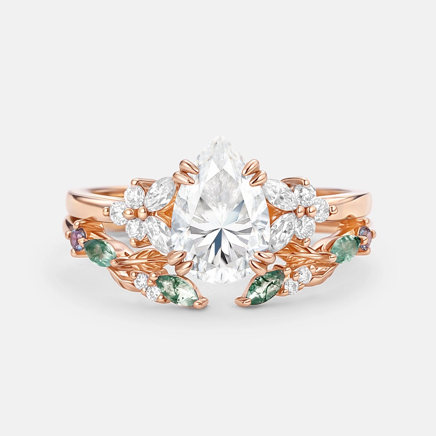 Instant Match Daily Collection Pear Shaped Moissanite Leafy Chevron Gold Ring Set 2pcs - Chloris